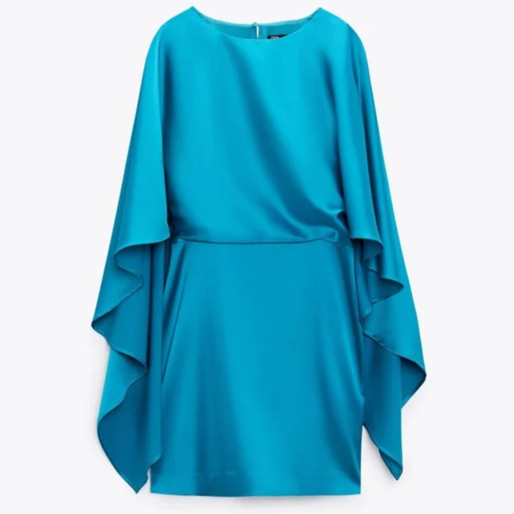Zara Satin Cape Effect Mini Dress- Peacock Blue Small - NWT